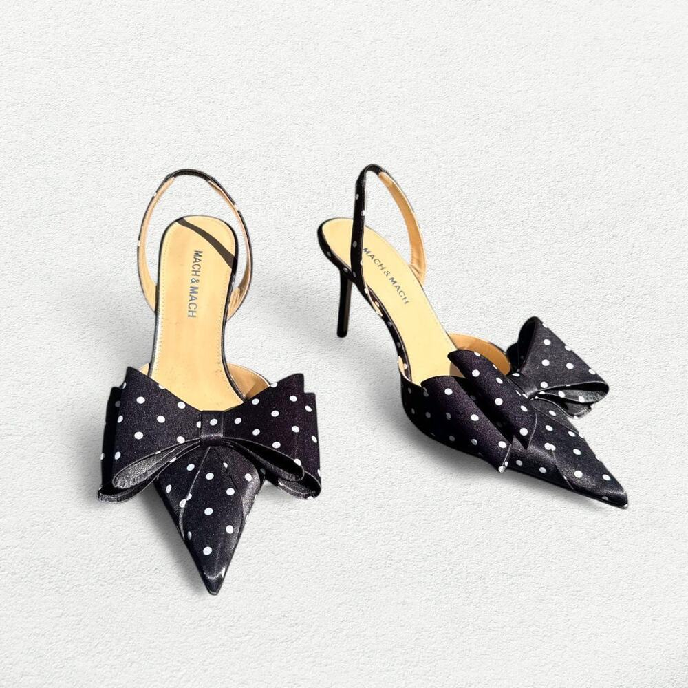 MACH & MACH Black Polka Dot Bow Pointed Toe Slingback Heels